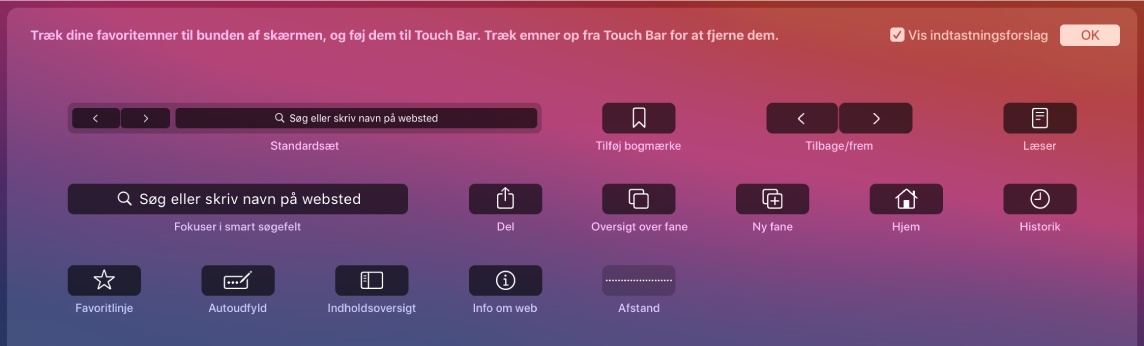 Indstillingerne for tilpasning af Safari, som kan trækkes til Touch Bar.