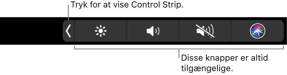 Et billede af en del af en Touch Bar (standard), som viser den lukkede Control Strip. Tryk på udvidknappen for at se hele Control Strip.
