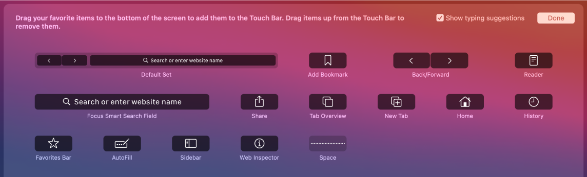 Indstillingerne for tilpasning af Safari, som kan trækkes til Touch Bar.