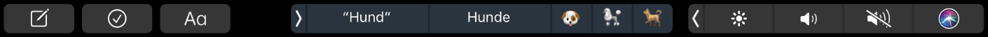 Touch Bar til Noter med knapper til oprettelse af en ny note, tilføjelse en tjekliste og redigering af tekst. Der er også knapper, som viser indtastningsforslag.