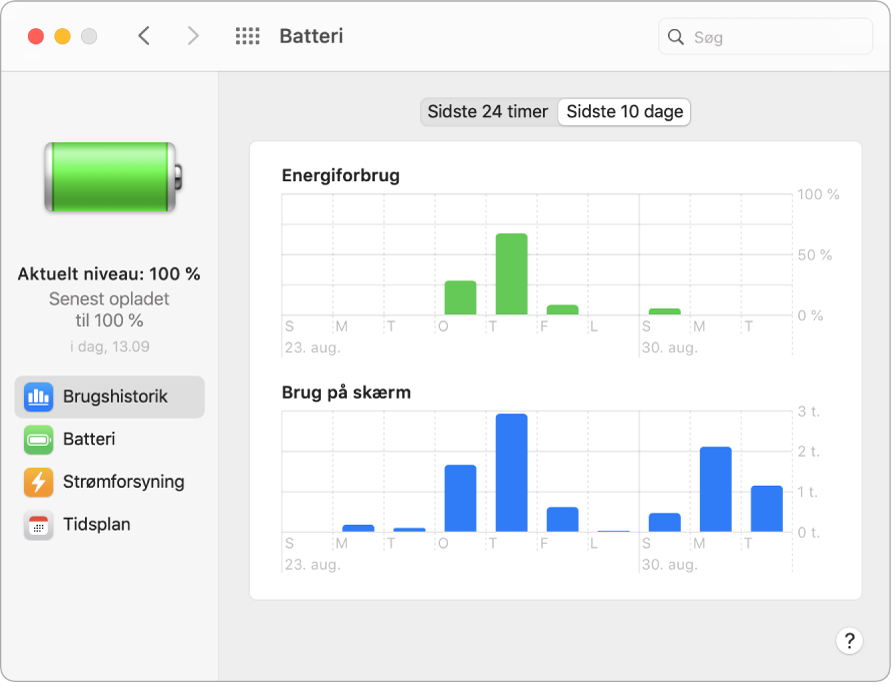 Vinduet Historik for batteribrug med Sidste 10 dage valgt.