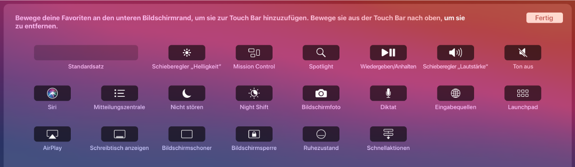 Die Objekte im Control Strip können angepasst werden, indem du sie in die Touch Bar bewegst.