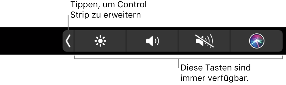 Ein Bildschirmausschnitt mit der Standard-Touch Bar mit ausgeblendetem Control Strip. Tippe auf die Tasten zum Erweitern, um den vollständigen Control Strip anzuzeigen.