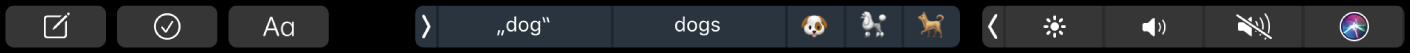Die Notizen-Touch Bar mit Tasten zum Erstellen einer neuen Notiz, zum Hinzufügen einer Checkliste sowie zum Bearbeiten von Text Außerdem gibt es Tasten für Schreibvorschläge.