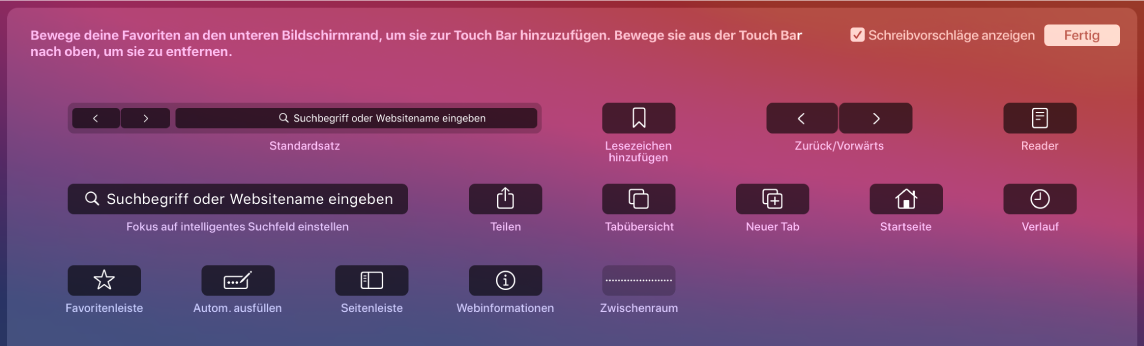 Die Optionen zum Anpassen von Safari, die in die Touch Bar bewegt werden können.