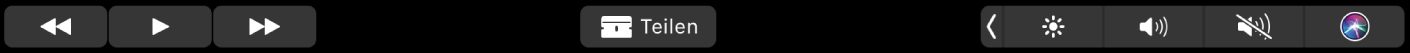 Die iMovie-Touch Bar, wenn ein Clip wiedergegeben wird. Sie umfasst Tasten zum Zurückspulen, Wiedergeben, schnellen Vorspulen, Teilen sowie zum Anpassen der Lautstärke.