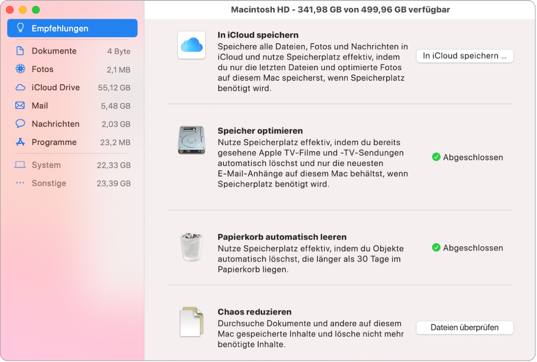 Der Bereich „Empfehlungen“ für den Speicher mit den Optionen „In iCloud speichern“, „Speicher optimieren“, „Papierkorb automatisch löschen“ und „Chaos reduzieren“.