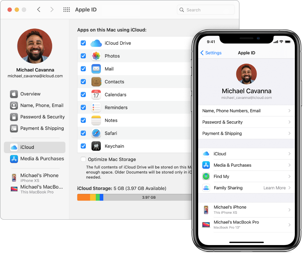 Οι ρυθμίσεις iCloud σε iPhone και το παράθυρο iCloud σε Mac.