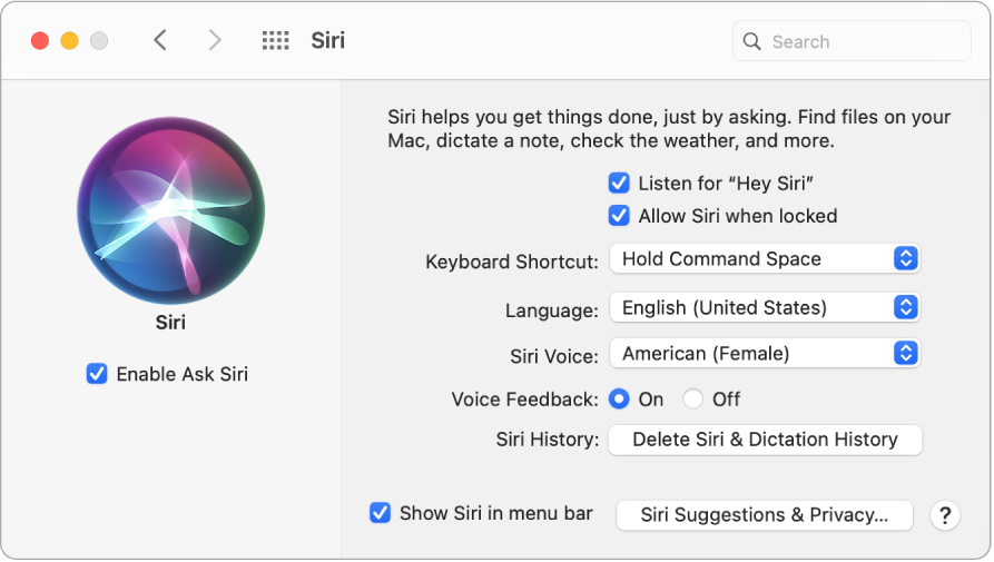 Το παράθυρο προτιμήσεων του Siri με επιλεγμένη τη ρύθμιση «Ενεργοποίηση της Ερώτησης στο Siri» στα αριστερά και πολλές επιλογές για την προσαρμογή του Siri στα δεξιά, συμπεριλαμβανομένης της επιλογής «Να επιτρέπεται το Hey Siri».