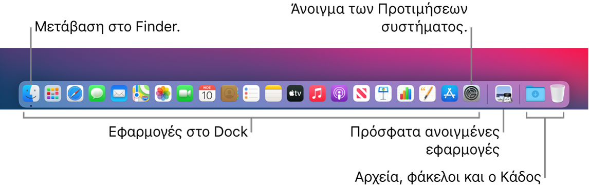 Το Dock, όπου φαίνονται το Finder, οι Προτιμήσεις συστήματος, και το διαχωριστικό στο Dock που διαχωρίζει τις εφαρμογές από τα αρχεία και τους φακέλους.
