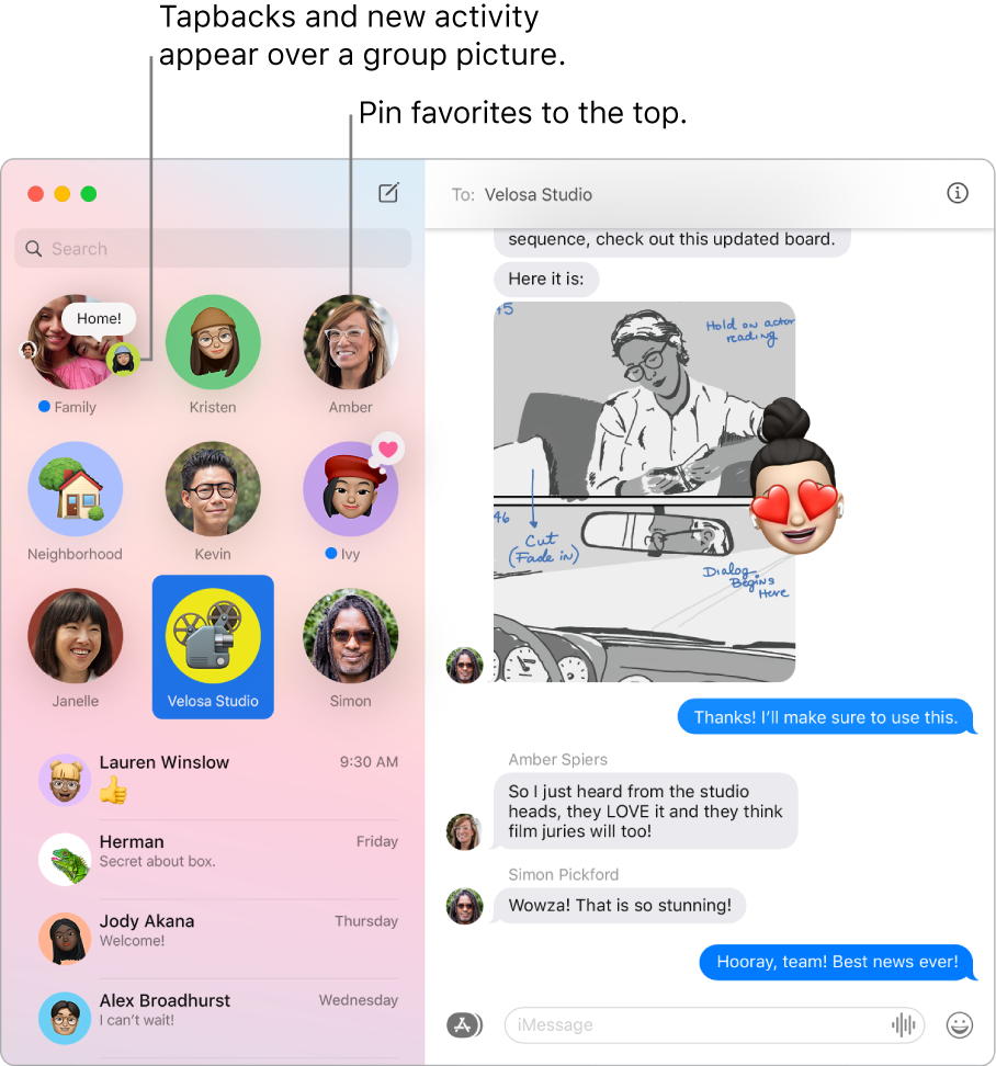 A Messages window with group chats pinned at the top of the left column.