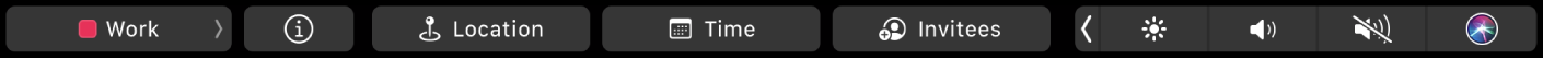 The Calendar Touch Bar with buttons for choosing calendars, viewing event details, editing location, editing time, and adding invitees.