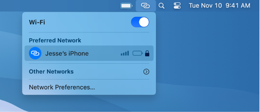 A Mac screen with the Wi-Fi menu showing a Personal Hotspot connected to an iPhone.