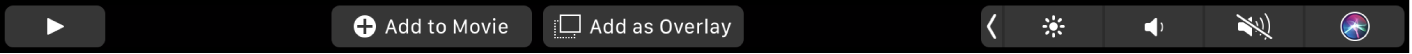 The iMovie Touch Bar showing buttons for favorite, delete, play, add to movie, and add as overlay.