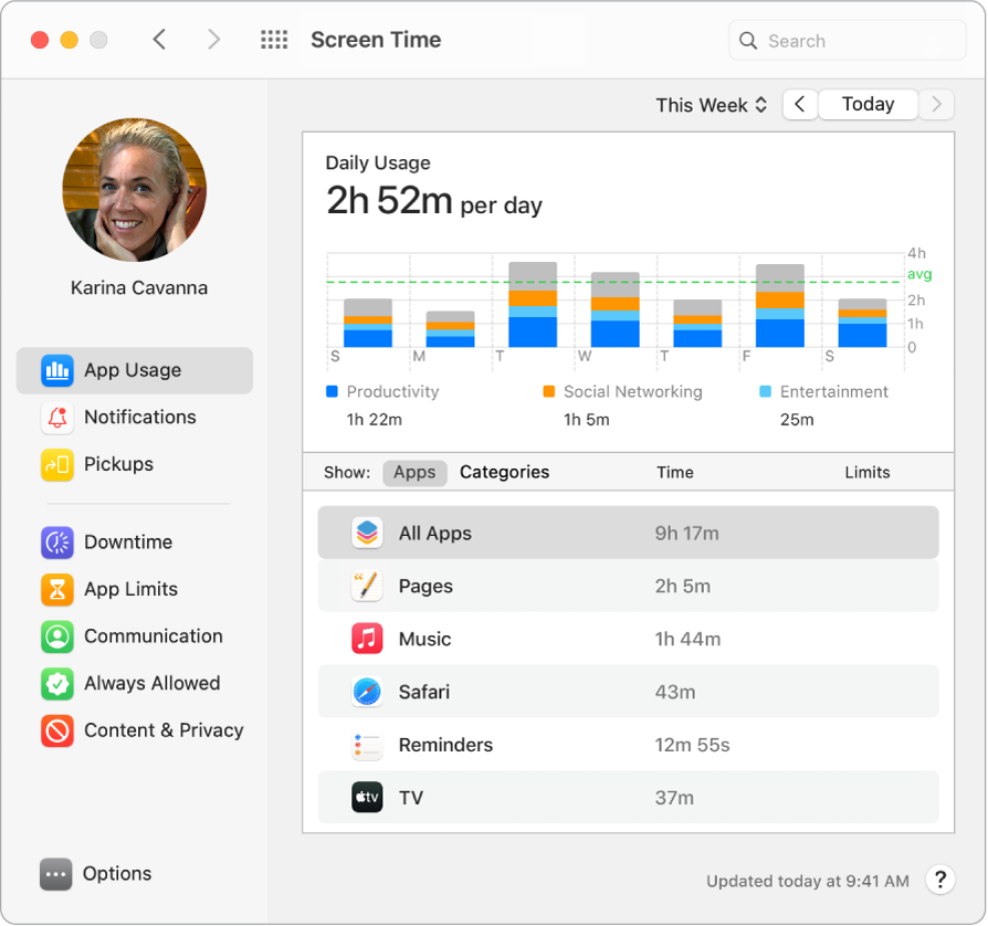 A Screen Time window showing the time spent with various apps.