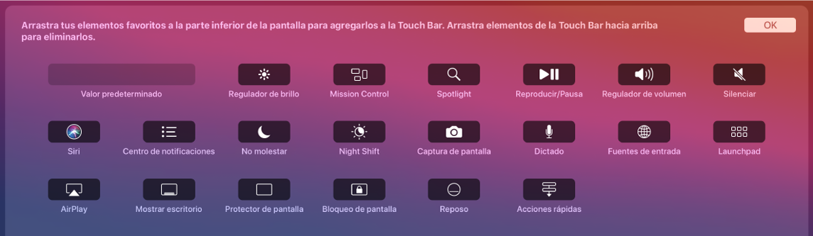 Los elementos que puedes personalizar en la Control Strip con sólo arrastrarlos hacia la Touch Bar.