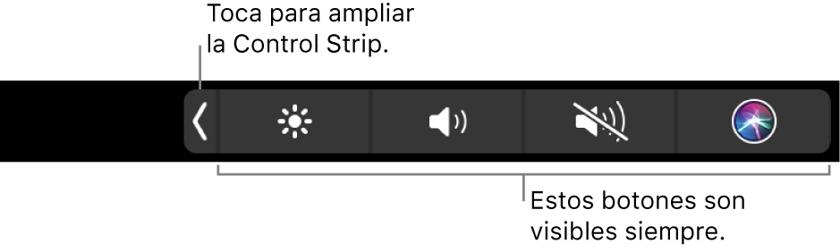 Pantalla parcial que muestra la Touch Bar predeterminada, donde se ve la Control Strip contraída. Toca el botón Expandir para ver toda la Control Strip.