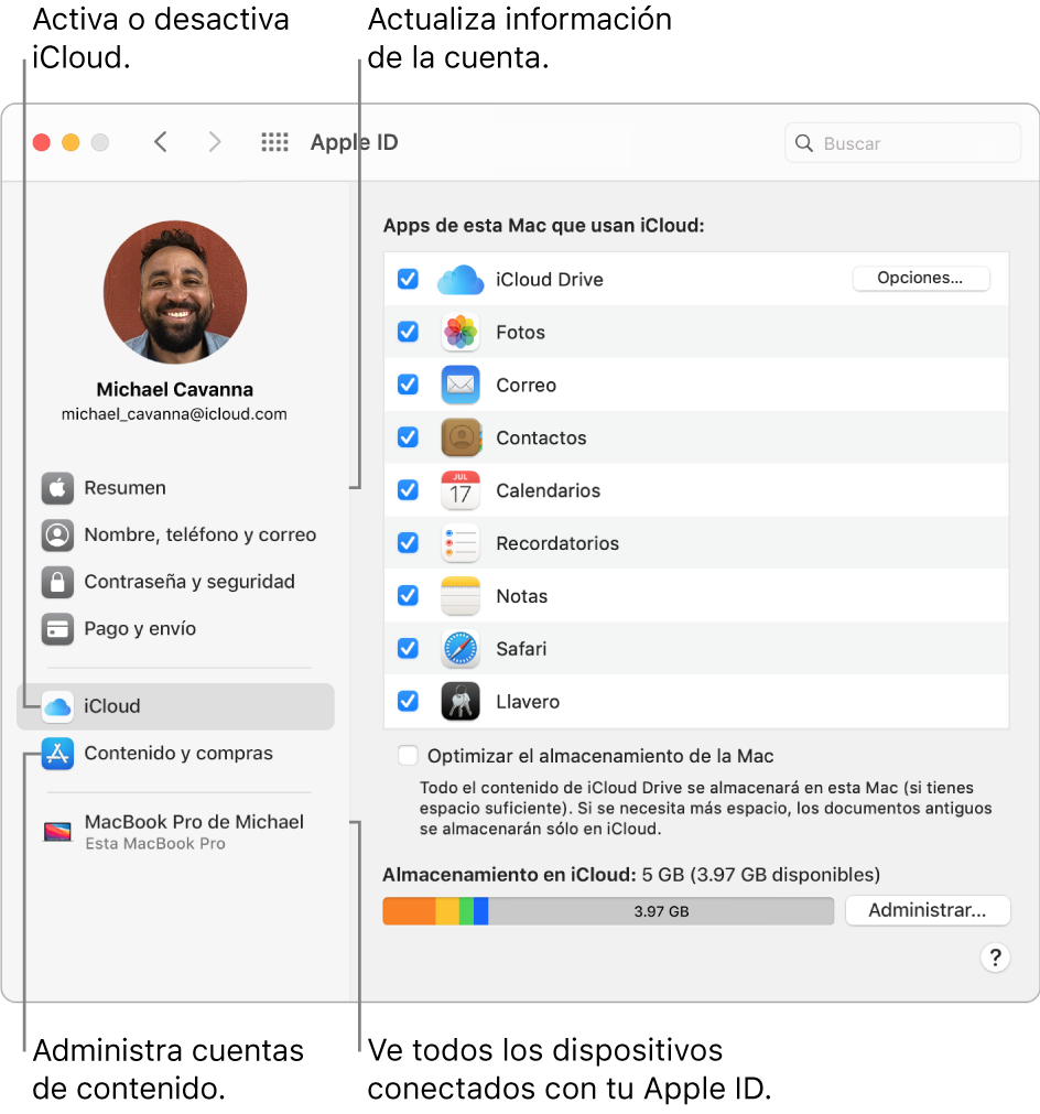 El panel Apple ID de Preferencias del Sistema. Haz clic en un elemento en la barra lateral para actualizar la información de tu cuenta, activar o desactivar iCloud, administrar cuentas de contenido o ver todos los dispositivos en los que has iniciado sesión con tu Apple ID.