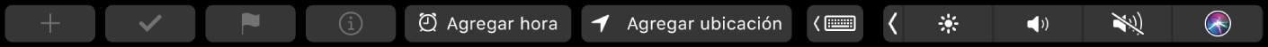 La Touch Bar de Recordatorios para crear recordatorio, marcar como completado, marcar con indicador, “Agregar hora” y “Agregar ubicación”.