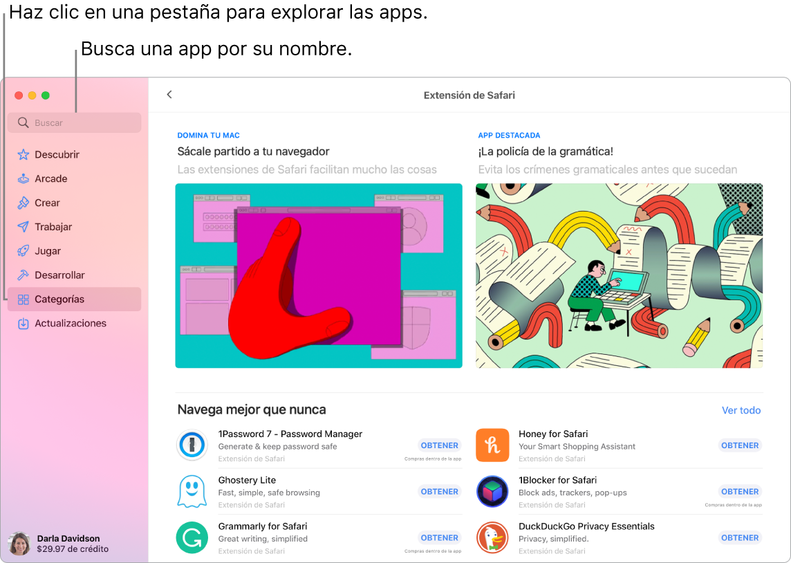 Ventana de App Store mostrando el campo de búsqueda y una página de Extensiones de Safari.