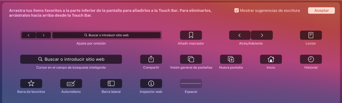 Las opciones de "Personalizar Safari" que se pueden arrastrar a la Touch Bar.