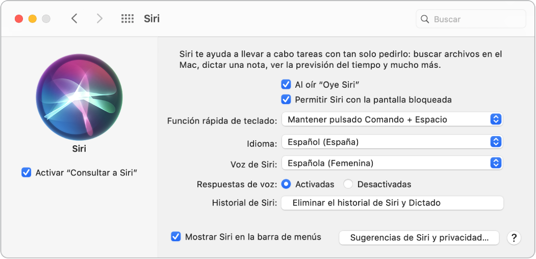 La ventana de preferencias de Siri, donde la casilla “Activar ‘Consultar a Siri’” aparece seleccionada a la izquierda y se muestran varias opciones para personalizar Siri a la derecha, como “Al oír ‘Oye Siri’”.