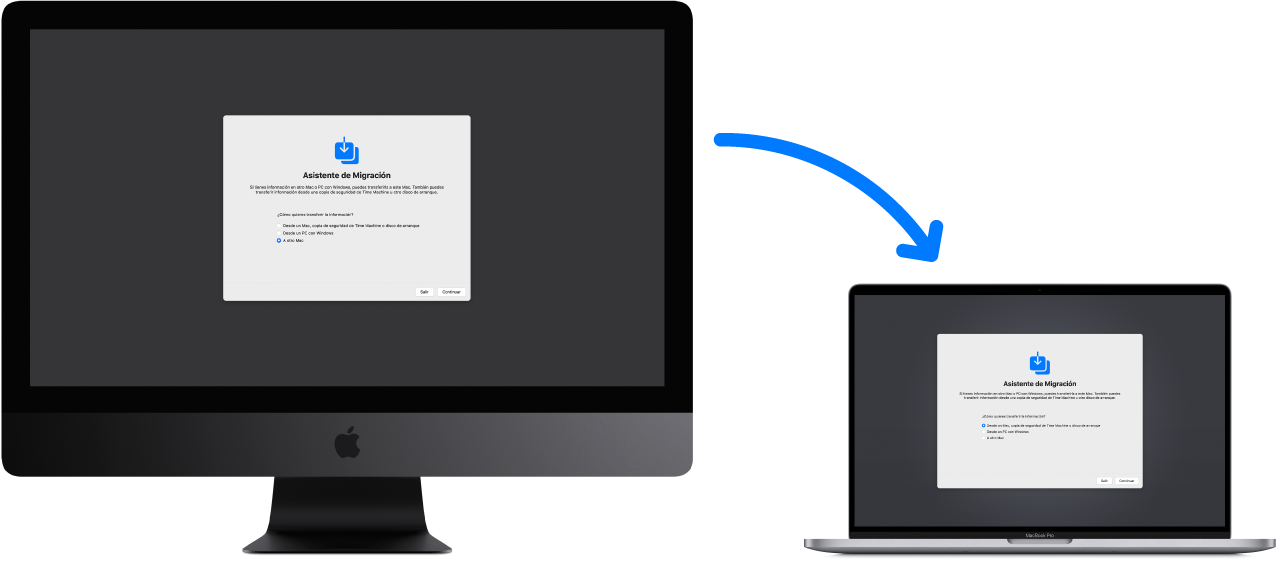 Un iMac antiguo donde se muestra la pantalla de Asistente de Migración, conectado a un nuevo MacBook Pro también con la pantalla de Asistente de Migración abierta.