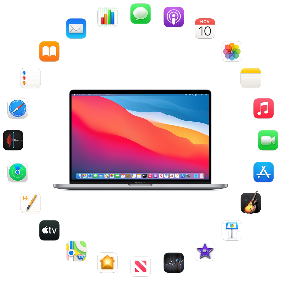 Un MacBook Pro rodeado por los iconos de las apps integradas que se describen en las siguientes secciones.