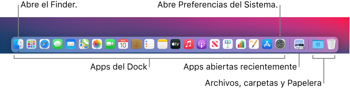 El Dock con el Finder, Preferencias del Sistema y la línea divisoria del Dock que separa las apps de los archivos y carpetas.