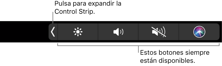 Pantalla parcial de la Touch Bar por omisión, con la Control Strip contraída. Pulsa el botón de ampliar para mostrar la Control Strip completa.