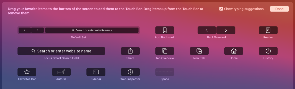 Customize Safari valikud, mille saab lohistada Touch Barile.