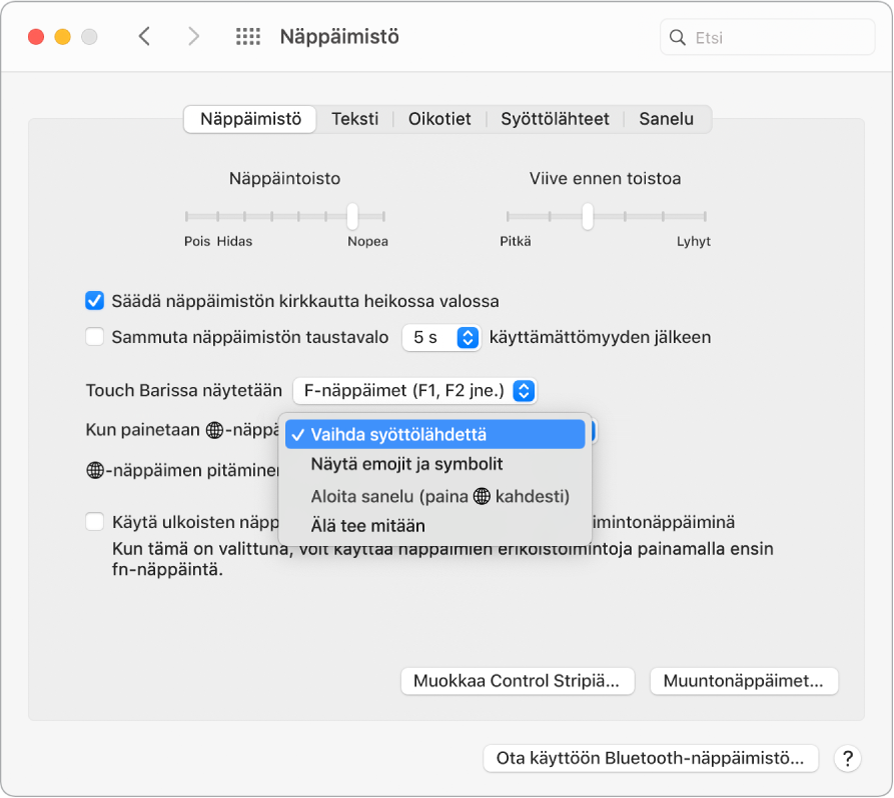 Näppäimistö-asetusosio, jossa on pudotusvalikko, jossa näkyy fn-/maapallonäppäimen valinnat: Muuta syöttölähdettä, Näytä emojit ja symbolit, Aloita sanelu ja Älä tee mitään.