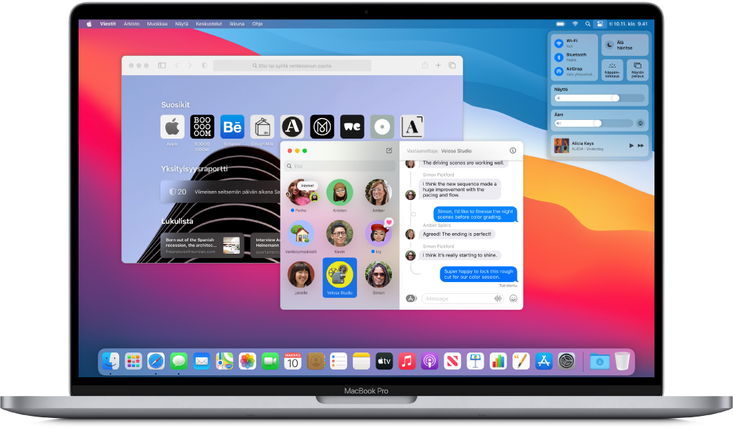 MacBook Pron työpöydällä näkyy Ohjauskeskus ja useita avoimia appeja.