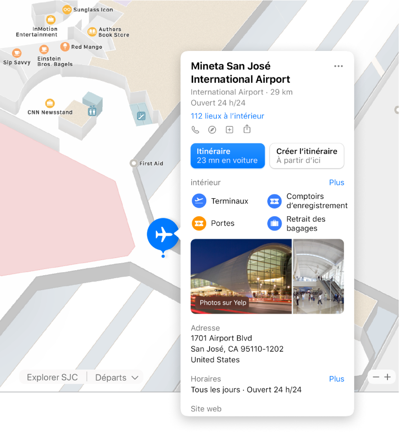 Un plan de l’intérieur d’un aéroport, accompagné d’informations concernant l’aéroport, notamment un itinéraire, des restaurants, des boutiques et plus encore.
