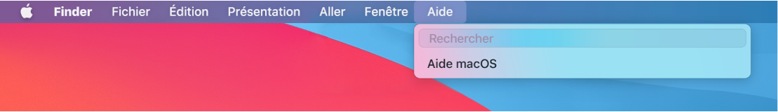 Un bureau partiel avec un menu Aide ouvert, affichant les options de menu Recherche et Aide macOS.