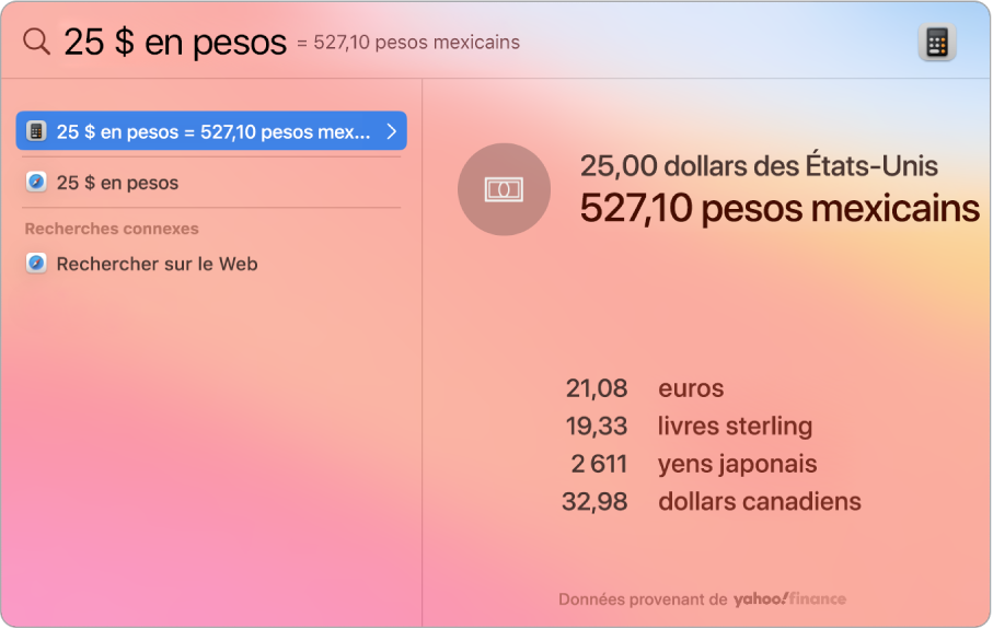 Une capture d’écran affichant une conversion de dollars en pesos, avec le meilleur résultat de la conversion et plusieurs autres résultats pouvant être sélectionnés.