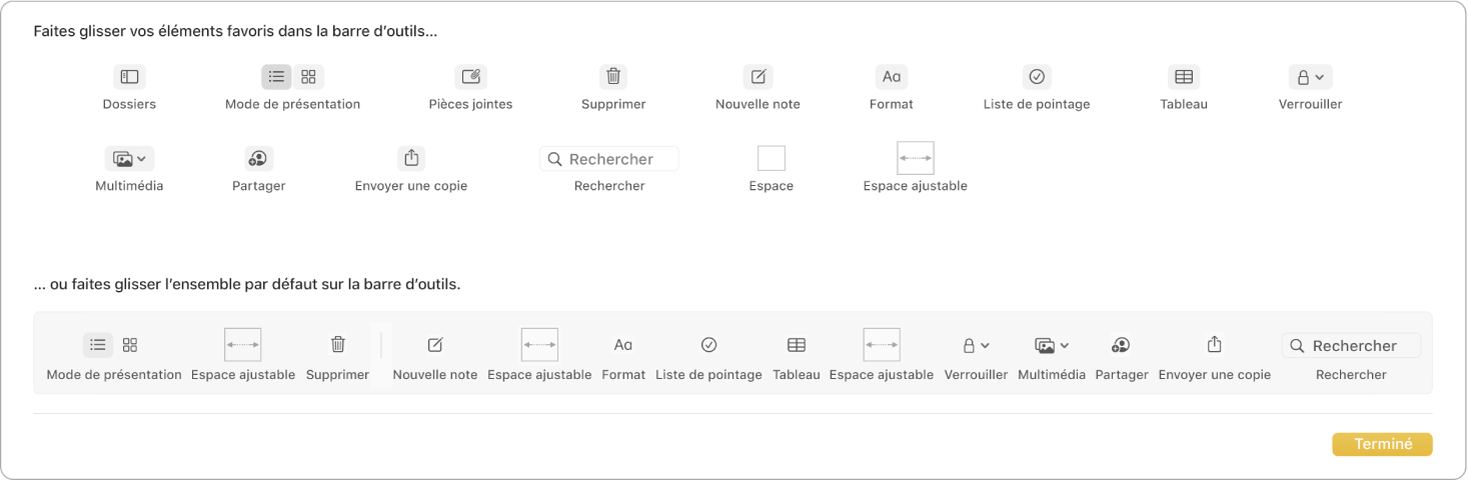 Une fenêtre Notes affichant les options de personnalisation de la barre d’outils qui sont disponibles.