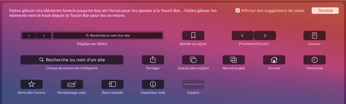 Options Personnaliser Safari pouvant être glissées dans la Touch Bar.