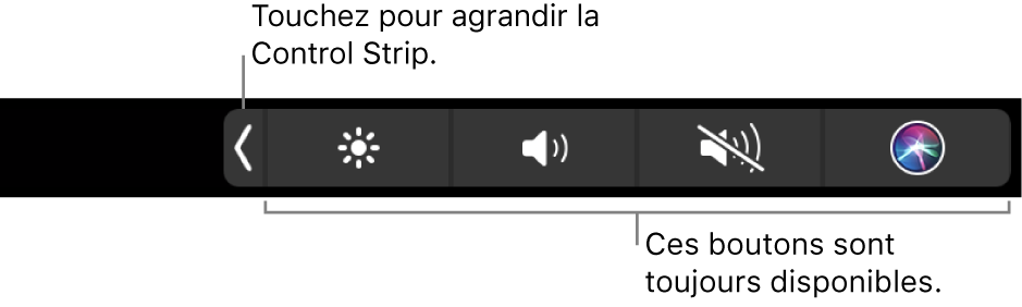 Un écran partiel de la Touch Bar par défaut, affichant la Control Strip réduite. Touchez le bouton de développement pour afficher toute la <NoBreak change_bar="mark">Control Strip</NoBreak>.