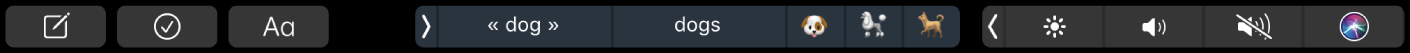 Touch Bar de Notes affichant les boutons pour créer une note, ajouter une liste de pointage et modifier du texte. Il existe également des boutons permettant d’afficher des suggestions.