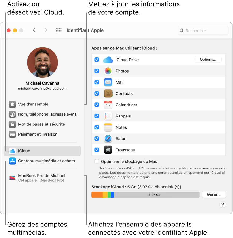 La sous-fenêtre « Identifiant Apple » de « Préférences Système ». Cliquez sur un élément de la barre latérale pour mettre à jour les données de votre compte, activer ou désactiver iCloud, gérer les comptes multimédias ou voir tous les appareils connectés avec votre identifiant Apple.