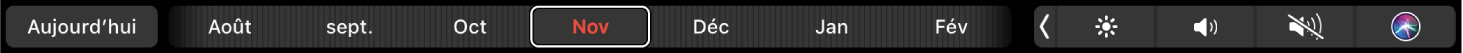 Touch Bar de Calendrier avec le bouton Aujourd’hui et un curseur pour sélectionner un mois.