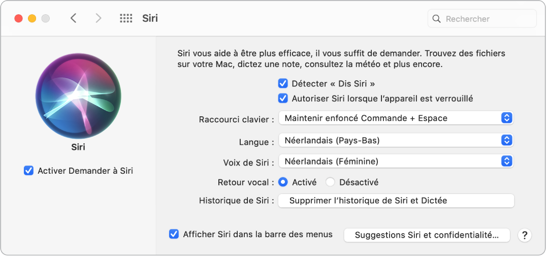 La fenêtre des préférences Siri, avec l’option Activer Demander à Siri sélectionnée à gauche et plusieurs options pour personnaliser Siri à droite, notamment Détecter « Dis Siri ».