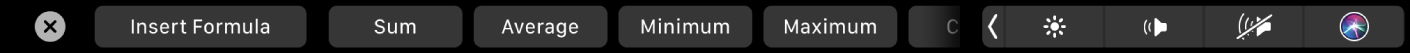 ה‑Touch Bar של Numbers מציג את כפתורי הנוסחאות. הכפתורים כוללים סכום, ממוצע, מינימום, מקסימום וספירה.