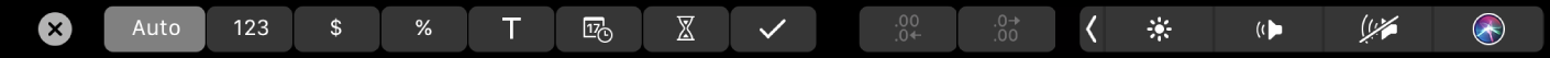 ה‑Touch Bar של Numbers עם כפתורי עיצוב מוצגים. הכפתורים כוללים מטבע, אחוז, מספרים, מלל, תאריך, משך זמן ורשימה.