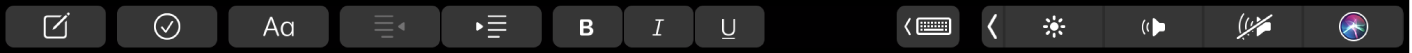 ה‑Touch Bar של ״פתקים״ עם כפתורי עיצוב מלל. פקדי העיצוב כוללים יישור שמאלה וימינה, הדגשה, הטיה וסימון בקו תחתון. בנוסף, יש כפתור להצגת הצעות בעת הקלדה.