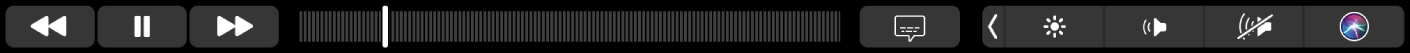 ה-Touch Bar של היישום TV עם כפתורים להרצה לאחור, להפעלה/השהיה, להרצה קדימה, ל-Extras, לכתוביות ולתפריט ועם פס גלילה לניווט.