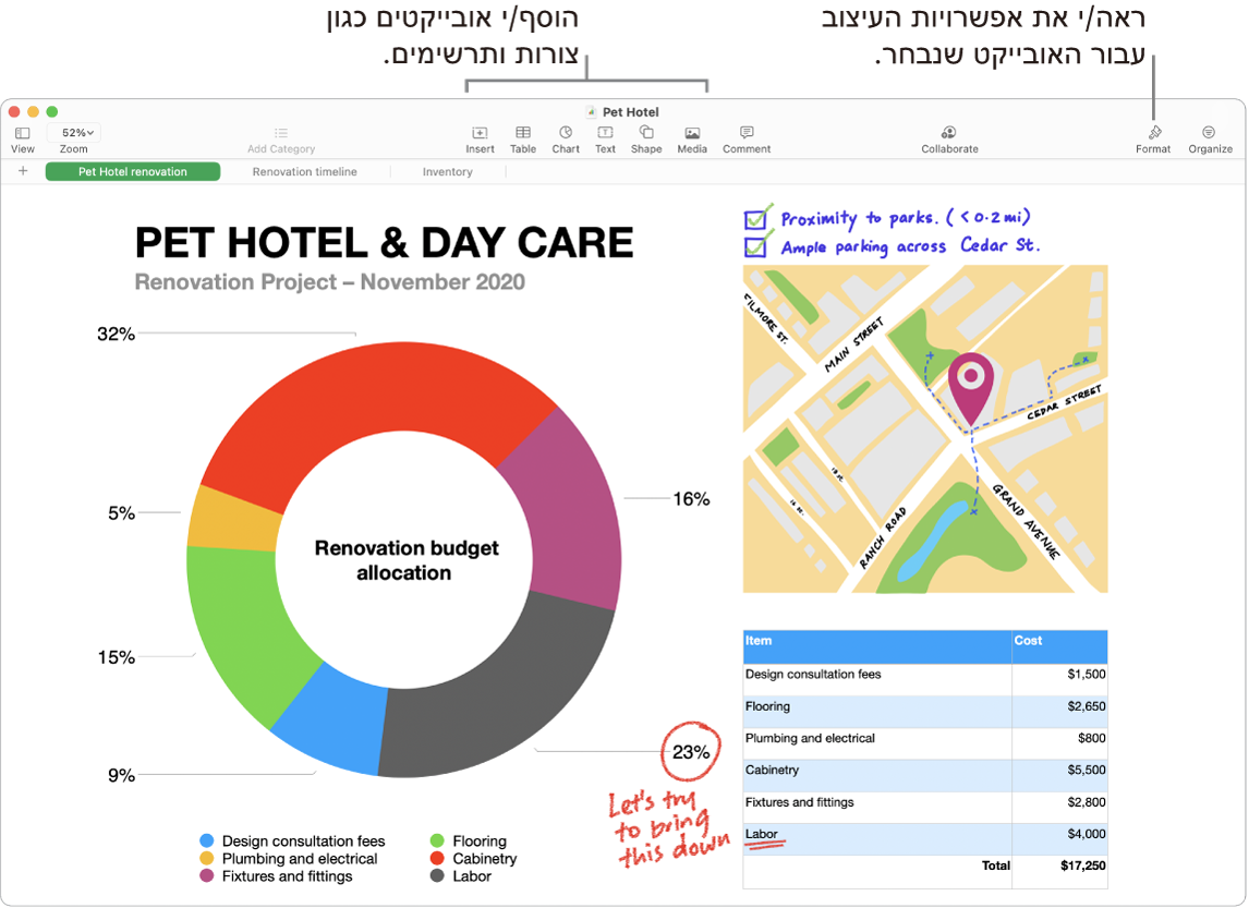 חלון של Numbers עם סרגל הכלים וכלי העריכה שלו בראש החלון, הכפתור ״שתף פעולה״ בסמוך לפינה הימנית העליונה והכפתורים “עיצוב״ ו”ארגן” מימין. סרגל הצד “עיצוב” פתוח ומוצגת הכרטיסיה “תרשימים”.