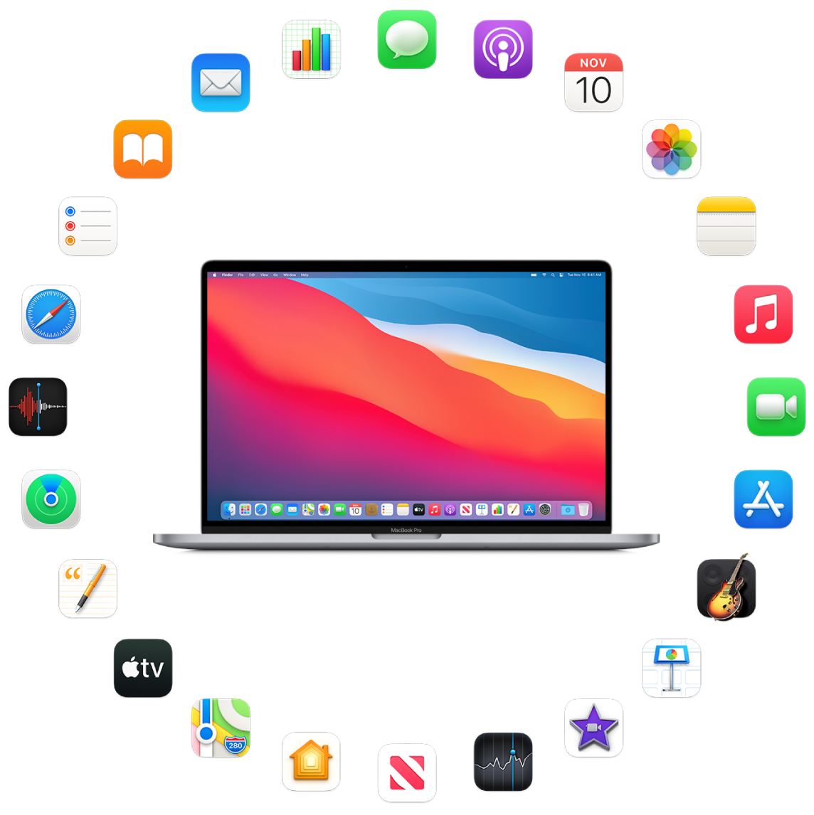MacBook Pro מוקף בצלמיות של היישומים המובנים בו ומתוארים בסעיפים הבאים.