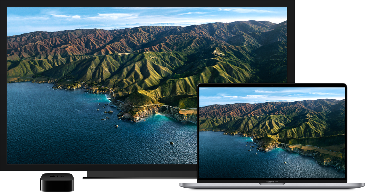 ‏MacBook Pro שהתוכן שלו משוקף על מסך HDTV גדול באמצעות Apple TV.
